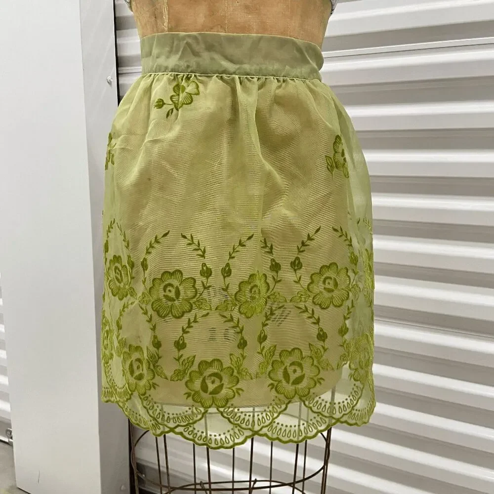Vintage 50s Artistic Apron House Sheer Flocked Organza Green Apron